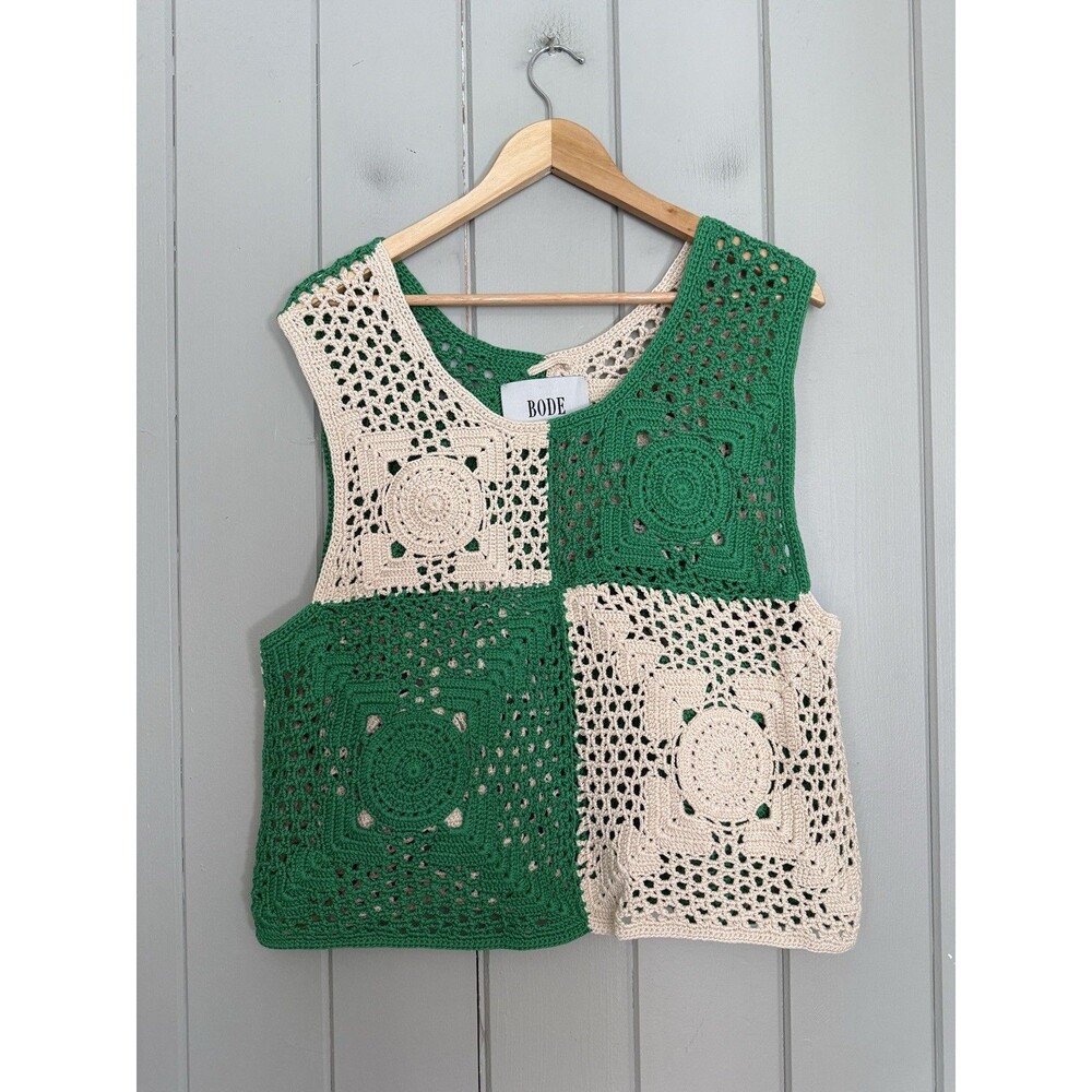 Bode Tank Top M/L Duotone Crochet Ivory Green Sleeveless Cotton Peru